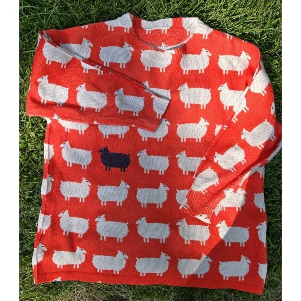 Black Sheep Sweater Large Orange White Novelty Knit Princess Diana Inspired